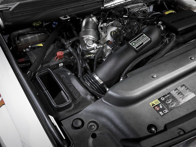 aFe Quantum Pro DRY S Cold Air Intake System for 17-18 GM/Chevy Duramax V8-6.6L L5P - Dry under hood view. Performance car parts from DTX.