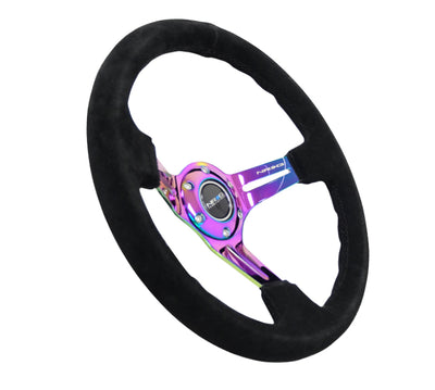 NRG Reinforced Steering Wheel (350mm / 3in. Deep) Blk Suede/Blk Stitch w/Neochrome Slits for performance car parts by DTX Performance