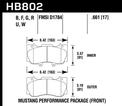 Hawk 15-17 Ford Mustang Performance Package HPS 5.0 Front Brake Pads dimensions