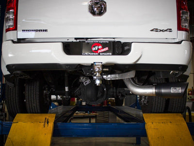 aFe ATLAS 5in Alum Steel DPF-Back Exhaust System w/Black Tip installed on 19-20 Ram Diesel Trucks L6-6.7L in a shop