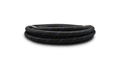 Vibrant -10 AN Two-Tone Black/Blue Nylon Braided Flex Hose in a 10-foot roll, ideal for performance car parts. Available at DTX Performance.