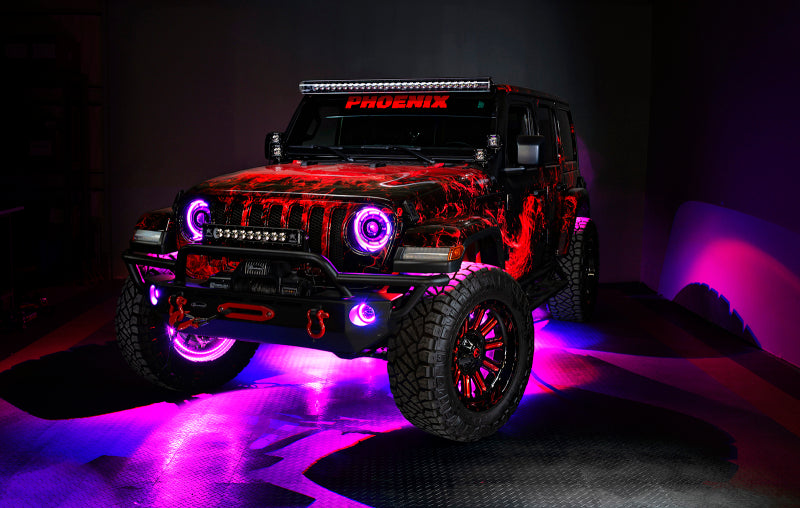 Oracle Bluetooth + RF Underbody Rock Light Kit on 4x4 Jeep with ColorSHIFT technology, performance car parts from DTX Performance