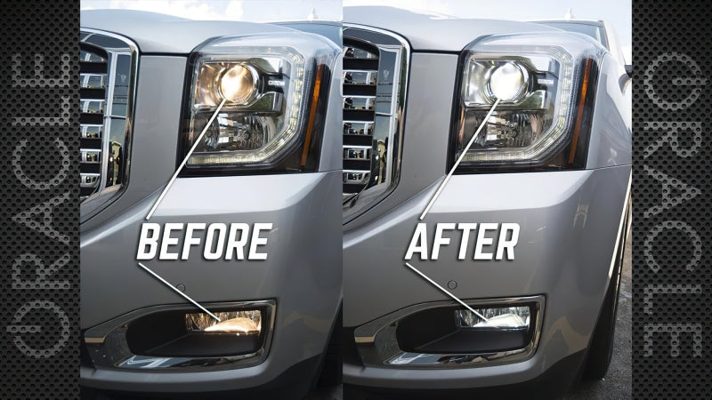 Before and after with Oracle H13 4000 Lumen LED Headlight Bulbs (Pair) - 6000K for better visibility.
