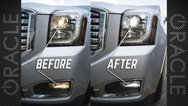 Before and after comparison of Oracle 9012 4000 Lumen LED Headlight Bulbs (Pair) - 6000K on a vehicle's headlights.