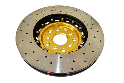 DBA 04-07 STi/2017 BRZ w/Perf. Pkg. 10 Hole Front Drilled/Slotted 5000 Series 2 Pc Rotor w/Gold Hat, high performance brakes.