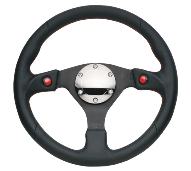 NRG Reinforced Steering Wheel (320mm) Blk Leather w/Dual Buttons - Performance Car Parts from DTX Performance, Veteran Owned