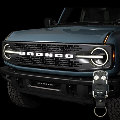 Putco 22-24 Ford Bronco Luminix DRL LED Light Hood Limb Riser on vehicle grille, featuring sleek design for performance upgrades.