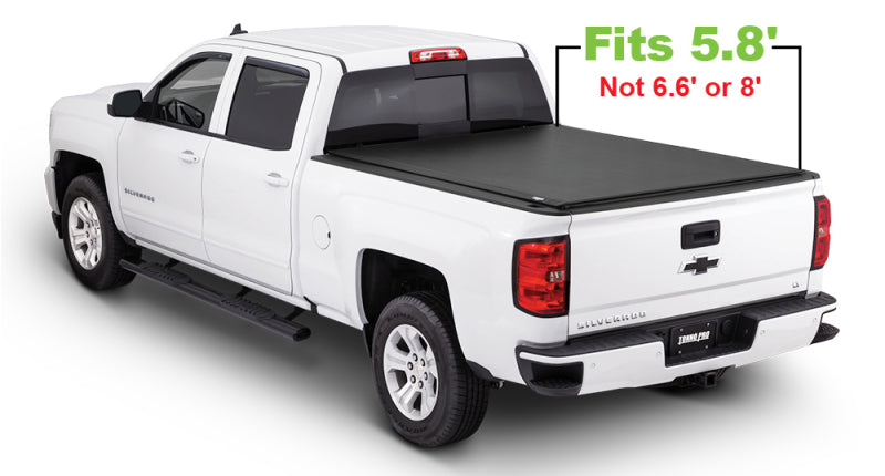 Tonno Pro 14-19 Chevy Silverado 1500 5.8ft Fleetside Lo-Roll Tonneau Cover on truck with text 'Fits 5.8 ft'