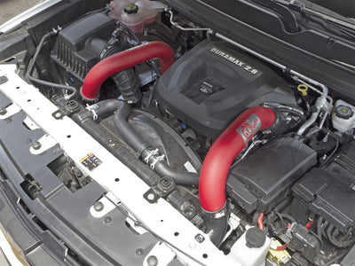 aFe BladeRunner Black Intercooler Tubes Combo 2016 GM Colorado/Canyon I4-2.8L (td) engine bay with red intercooler tubes