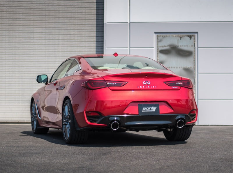 Red Infiniti Q60S with Borla 2017 Infiniti Q60S 3.0T V6 S Type Catback Exhaust for performance car parts by DTX Performance.