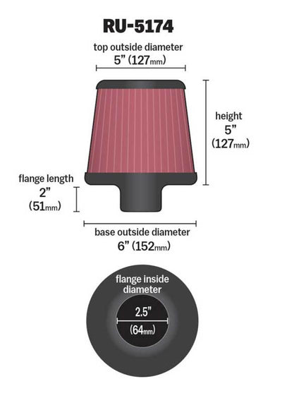 K&N Universal Rubber Filter-Round Tapered 2.5in Flange ID x 6in Base OD