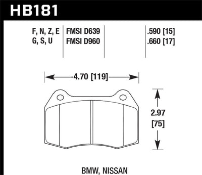 BMW Nissan brake pad dimensions chart HB181