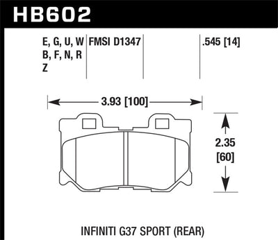 Hawk Infiniti G37 Sport Performance Ceramic Street Rear Brake Pads diagram from DTX Performance shop, high performance auto parts.