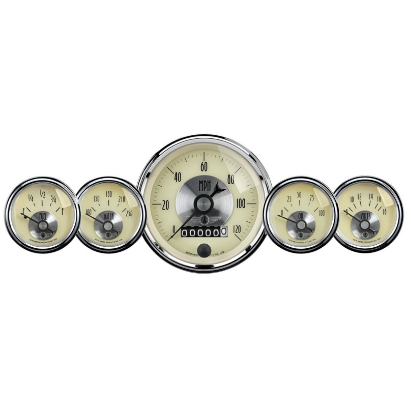 AutoMeter Gauge Kit 5 Pc 3-3/8in. & 2-1/16in. Elec Speedo W/Wheel Odo Prestige Antq. Ivory for performance car upgrades