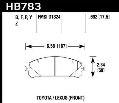 Diagram of Hawk 08-16 Toyota Highlander LTS Street Front Brake Pads dimensions and specifications.