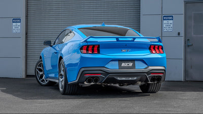 Borla 2024 Ford Mustang GT 5.0L V8 w/ Active Exhaust S-Type Cat-Back Exhaust System - Carbon Fiber parked outside garage