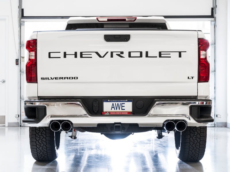 AWE Tuning 4th Gen GM 1500 6.2L 0FG Catback Split Rear Exit (w/ Bumper Cutouts) - Quad Chrome Tips - DTX Performance