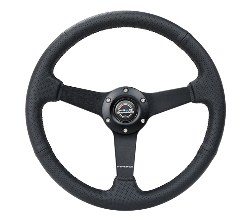 NRG Sport Steering Wheel (350mm / 1.5in Deep) Black Leather Black Stitch w/Matte Black Solid Spokes for performance upgrades