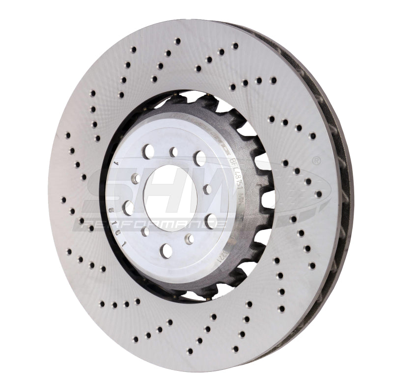 SHW 13-16 BMW M5 4.4L Left Front Cross-Drilled Lightweight Brake Rotor (34112284101) performance car part by DTX Performance