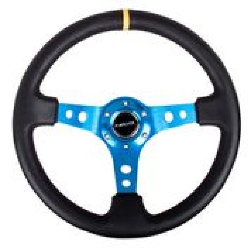 NRG Reinforced Steering Wheel (350mm / 3in. Deep) Blk Leather w/Blue Circle Cutout Spokes for performance car parts from DTX Performance