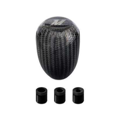 Mishimoto Carbon Fiber Shift Knob with logo and three M18 inserts; high performance auto parts from veteran owned DTX Performance shop.