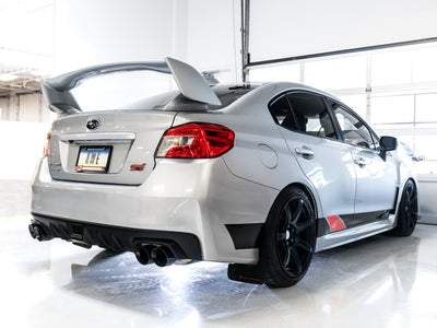 AWE Tuning Subaru STI VA / WRX GV / STI GV Sedan Touring Edition Exhaust - Diamond Black Tip (102mm) on a silver Subaru