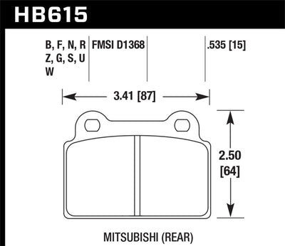 Hawk 2008-2014 Mitsubishi Lancer Evo rear brake pad dimensions and specifications for high performance street use.