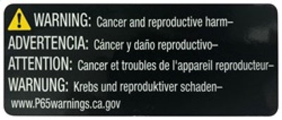 Prop 65 warning for cancer and reproductive harm in multiple languages with website link www.P65warnings.ca.gov