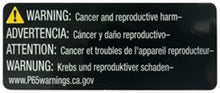Load image into Gallery viewer, Prop 65 warning label in multiple languages about cancer and reproductive harm.