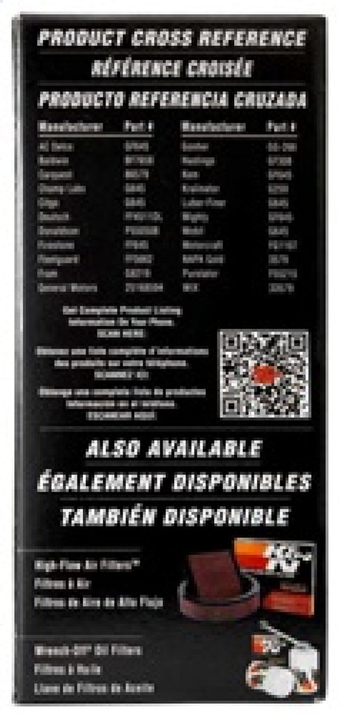 K&N Cellulose Media Fuel Filter 2.125in OD x 5.438in L product packaging with product cross reference.