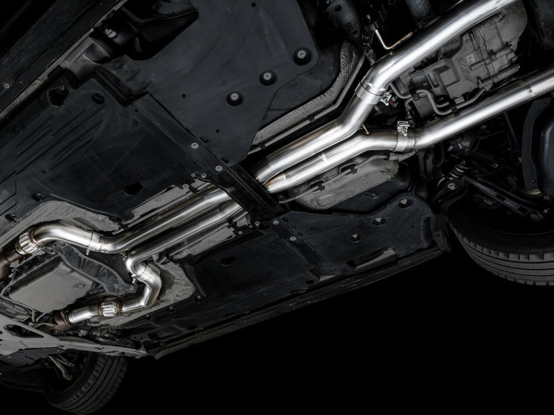 AWE Tuning 2021+ Cadillac CT4-V Blackwing SwitchPath Exhaust - Chrome Silver Tips undercarriage view