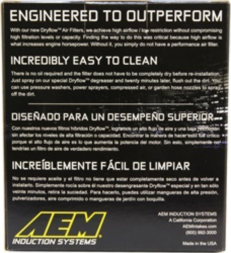 AEM 3.25 in DRY Flow Short Neck 5 in Element Filter packaging highlighting easy cleaning and superior performance features.