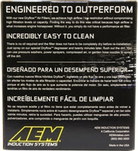 Load image into Gallery viewer, AEM 3.25 in DRY Flow Short Neck 5 in Element Filter packaging highlighting easy cleaning and superior performance features.