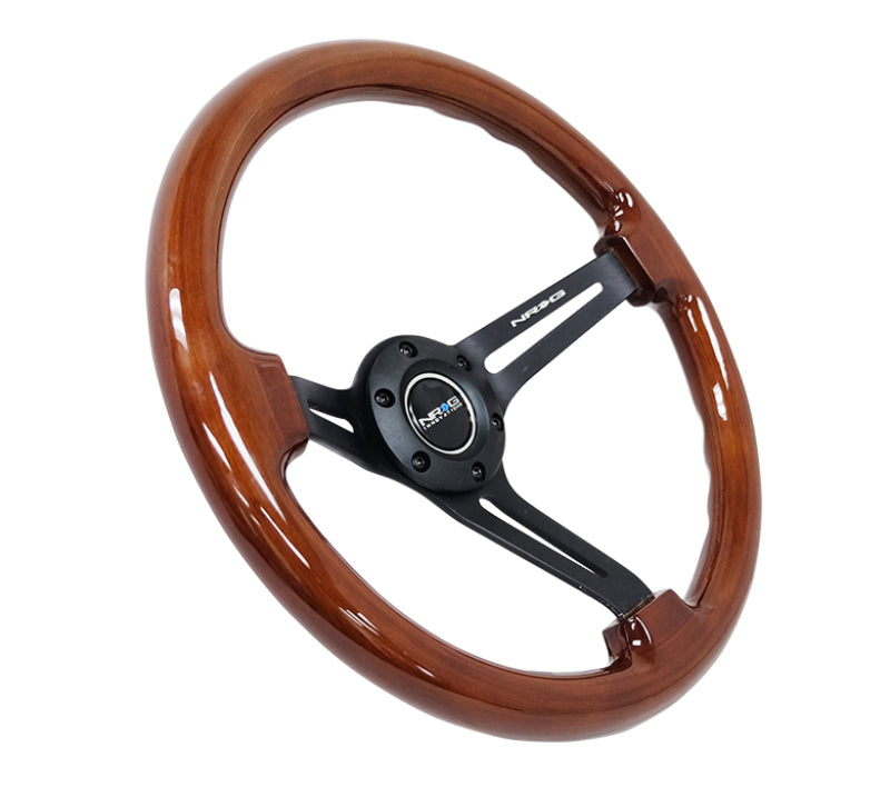 NRG Reinforced Steering Wheel (350mm / 3in. Deep) Brown Wood w/Blk Matte Spoke/Black Center Mark for performance car tuning.