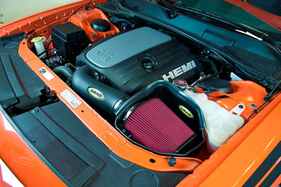 Airaid 11-14 Dodge Charger/Challenger MXP Intake System in engine bay, oiled red media, performance car parts