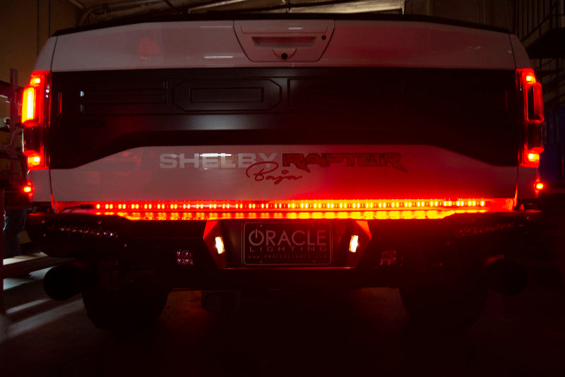 Oracle 60in Double Row LED Truck Tailgate Light Bar for enhanced safety, compatible with racing suspension and high performance brakes.