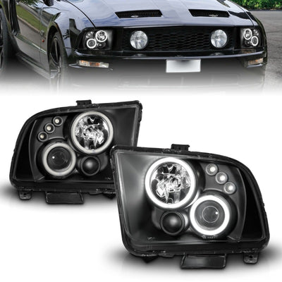 ANZO 2005-2009 Ford Mustang Projector Headlights w/ Halo Black, performance car parts by DTX Performance for engine upgrades and tuning.