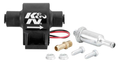 K&N Performance Electric Fuel Pump 4-7 PSI with installation hardware and fuel filter, ideal for performance car tuning with DTX Performance.