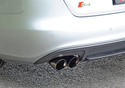 AWE Tuning Audi B8 / B8.5 S4 3.0T Touring Edition Exhaust - Diamond Black Tips (90mm) on silver car, exhaust systems