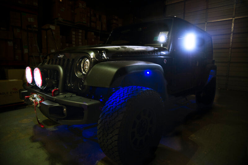 Oracle Bluetooth + RF Underbody Rock Light Kit - 8 PCS - ColorSHIFT on Jeep in garage with LED lighting