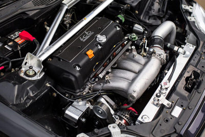 CSF 92-00 Honda Civic w/K-Swap V3 Radiator in a performance-enhanced engine bay, showcasing high-performance auto parts and tuning upgrades.
