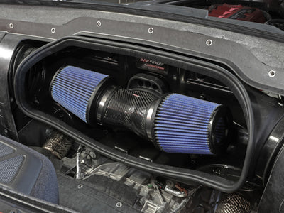 aFe 2020 Chevrolet Corvette C8 Track Series Carbon Fiber Cold Air Intake System with Pro 5R Filters in engine bay