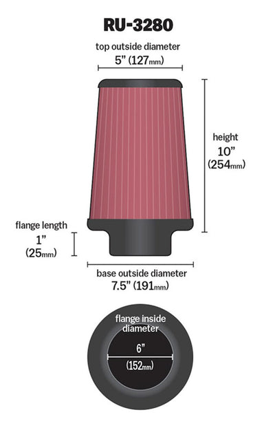 K&N Filter Universal Rubber Filter 6 inch Flange 7.5 inch Base 5 inch Top 10 inch Height diagram