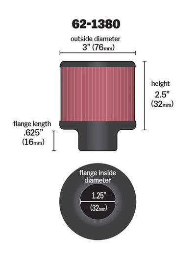 K&N 1.25in Flange ID x 3in OD x 2.5 inch H Rubber Base Crankcase Vent Filter diagram