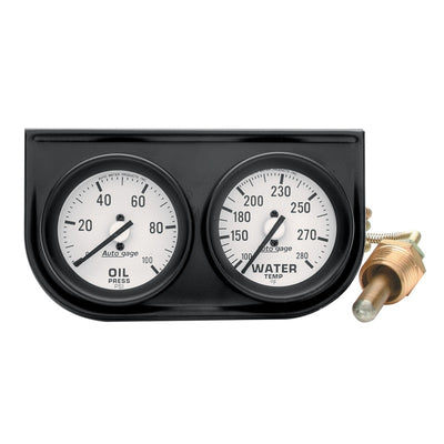 Autometer AutoGage Two-Gauge Console 2-1/16in Mech 0-100 PSI Oil Press/100-280 Deg Water Temp-Black for performance car parts