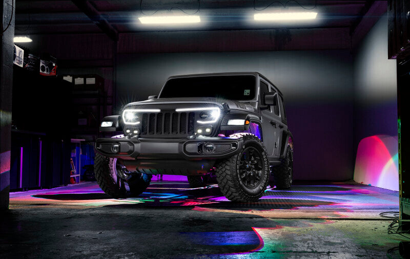 Jeep with Oracle Bluetooth + RF Underbody Rock Light Kit - 8 PCS - ColorSHIFT on, showcasing performance car tuning by DTX Performance.