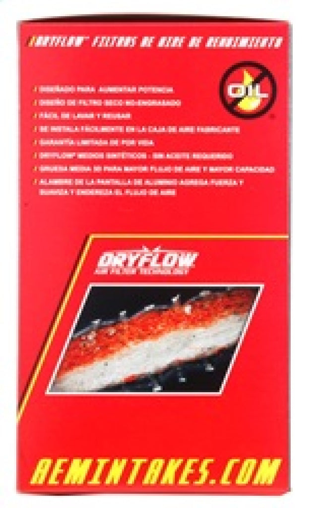 AEM 3.25 in DRY Flow Short Neck 9 in Element Filter packaging for performance car parts by DTX Performance.