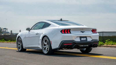 Borla 2024 Ford Mustang Ecoboost 2.3L ATAK Catback Exhaust Black Chrome w/ Quad Tip - Non-Active on a white Mustang, DTX Performance