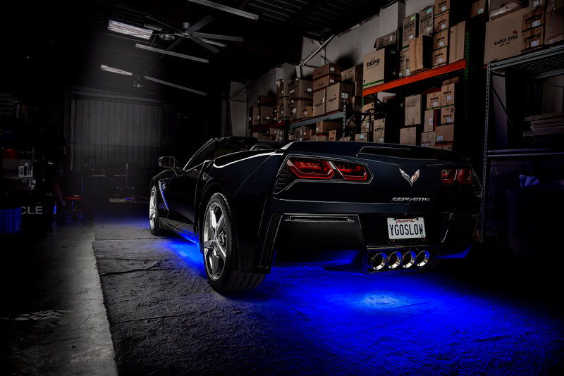 Oracle Universal Dynamic LED Underbody Kit - ColorSHIFT - Dynamic on performance car with blue underglow in garage setting.