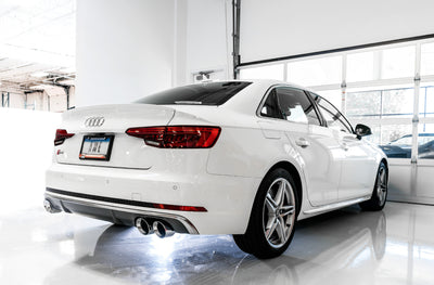 Audi with AWE Tuning B9 S5 Sportback Track Edition Exhaust - Non-Resonated, black 102mm tips, performance car upgrade by DTX Performance